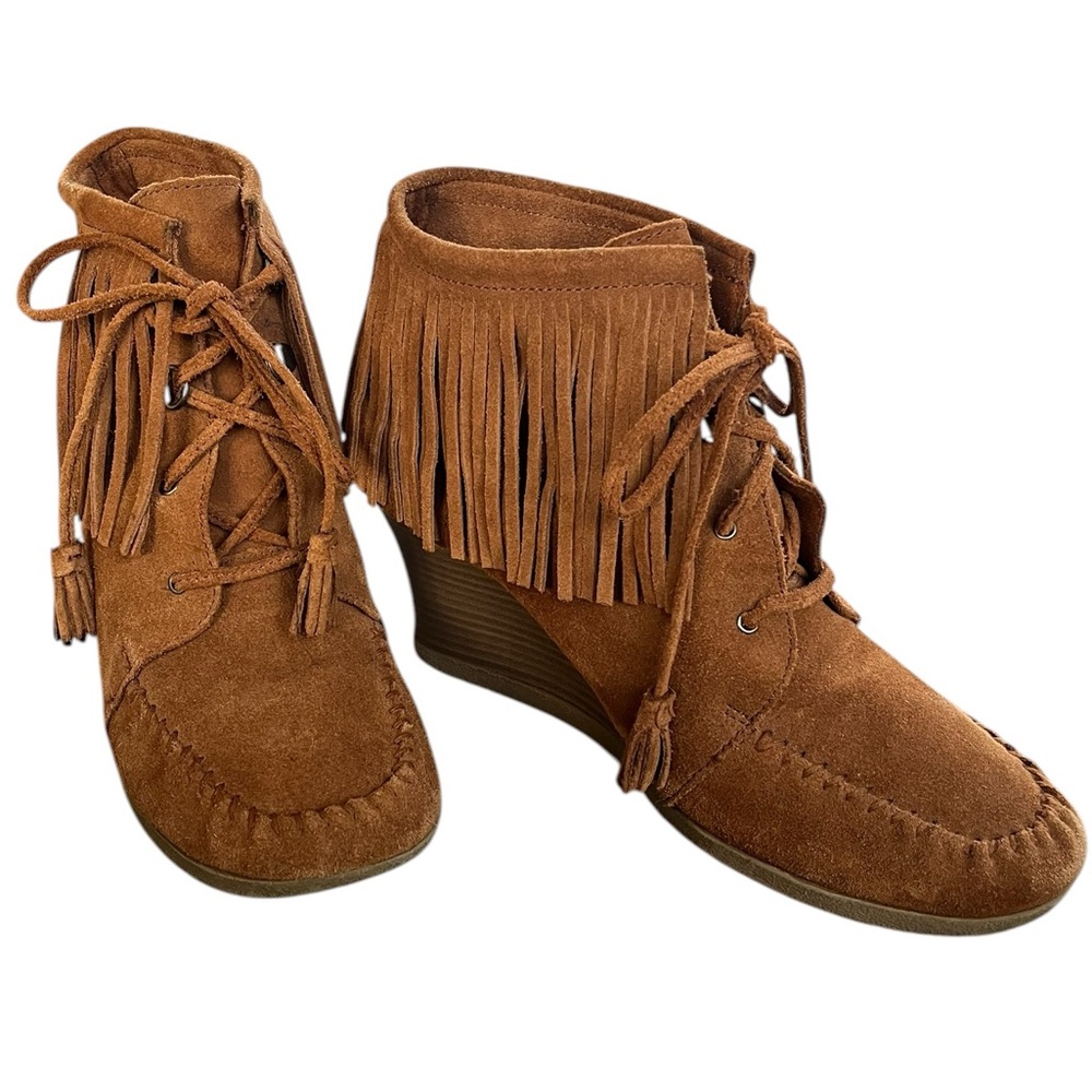 Minnetonka Boho Fringe Moccasin Wedge Boots Suede Leather Lace Up Size 10